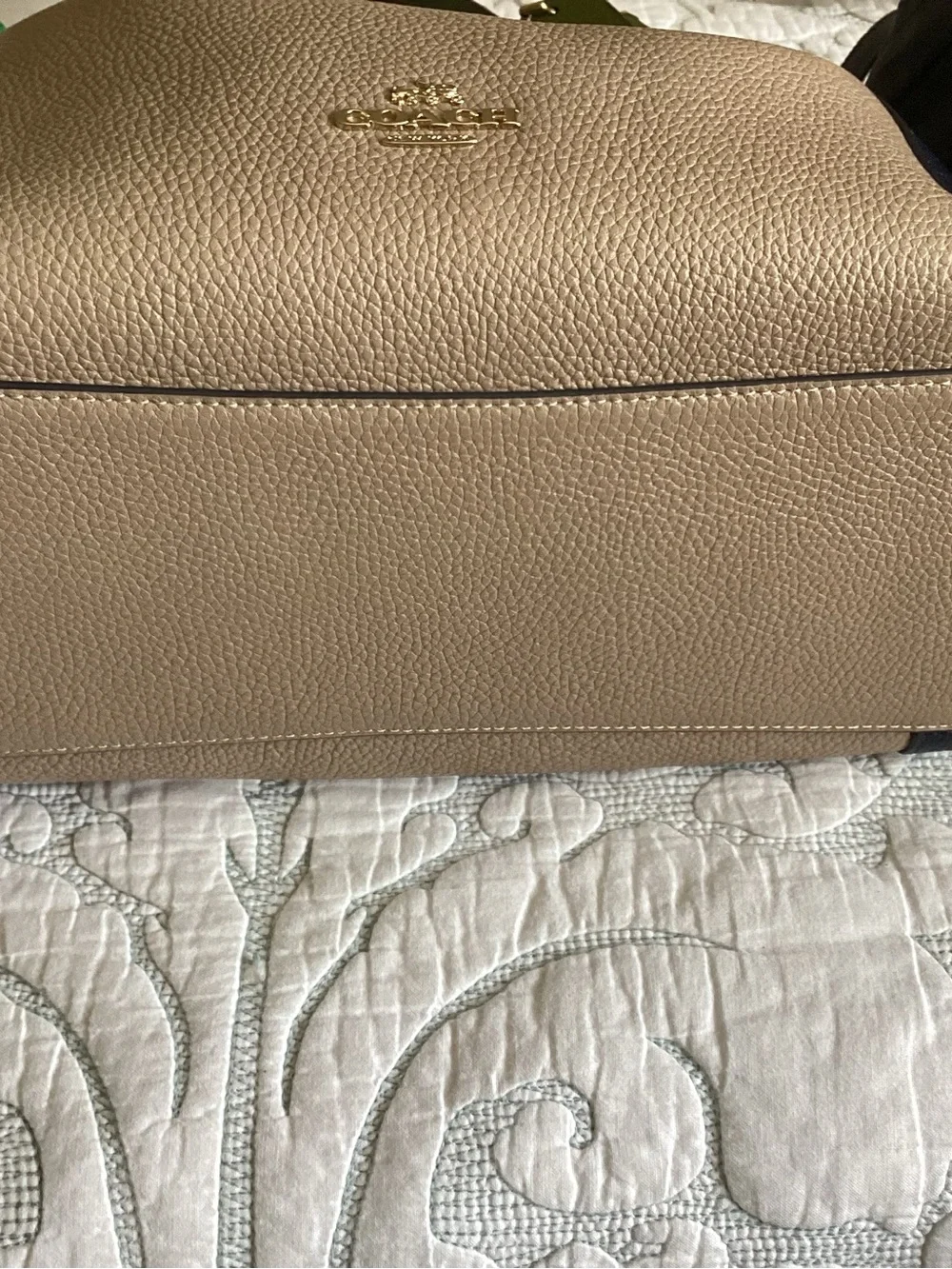 Coach Pebble Leather Colorblock Tote - Beige, Navy & Green